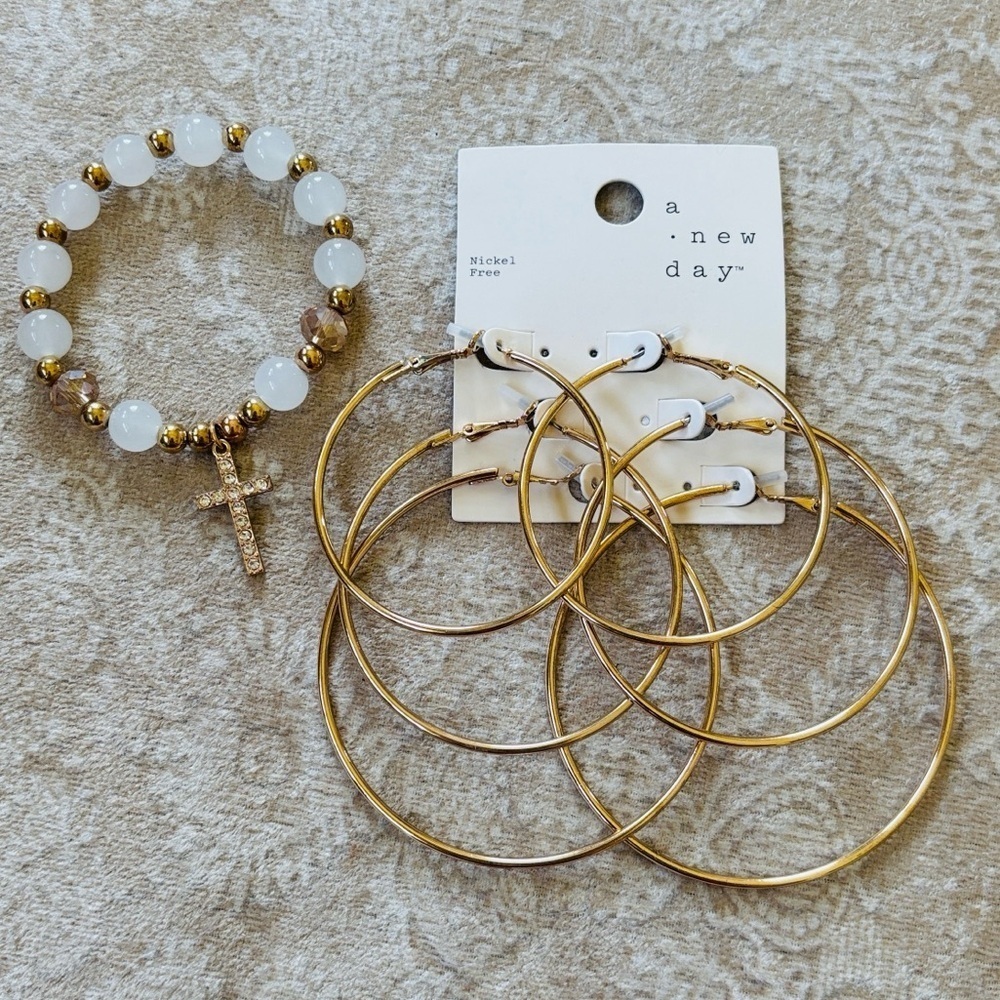 A New Day 3-Pack Gold Tone Hoop Earrings White Beaded Stretch Bracelet w/ Cross